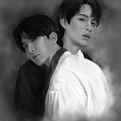 black and white image of two Thai BL actors
