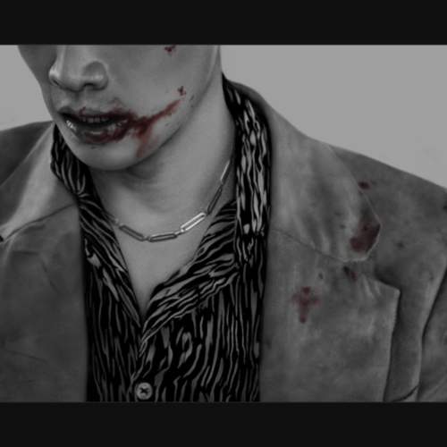 image of Vegas from Kinnporsche in black and white with red blood at his mouth